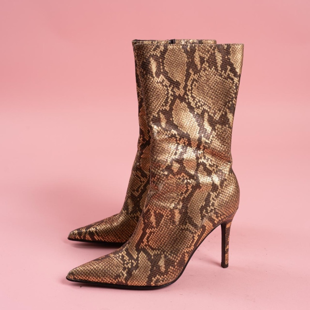 Gold Snakeskin Pattern Women's Boots Genuine Leather